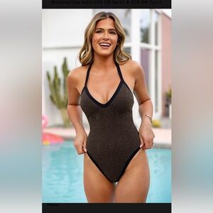 Cupshe x JoJo Atlantis Espresso Ribbed Lurex Halter One-Piece
